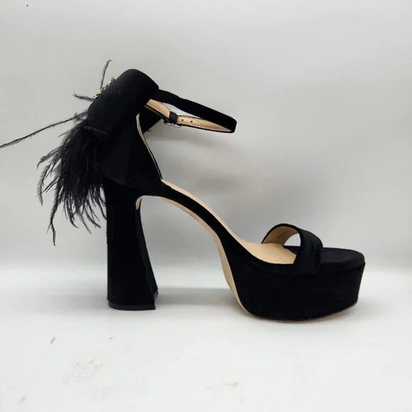Antonio Melani Platform Sandals Size 5.5 M Black Velvet feathers Rhinestone  658 - Picture 8 of 16